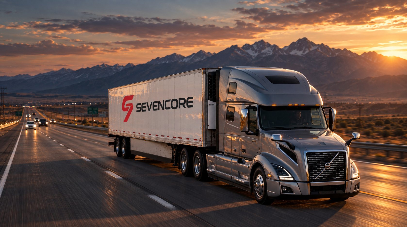 Freight on the road at sunset
